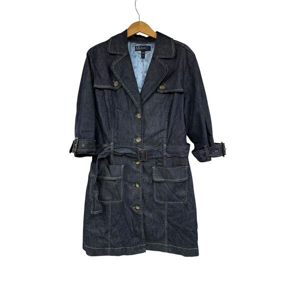 AK Anne Klein Jeans Dark Wash Denim Belted Denim Trench Style Coat Womens Large - Picture 1 of 7